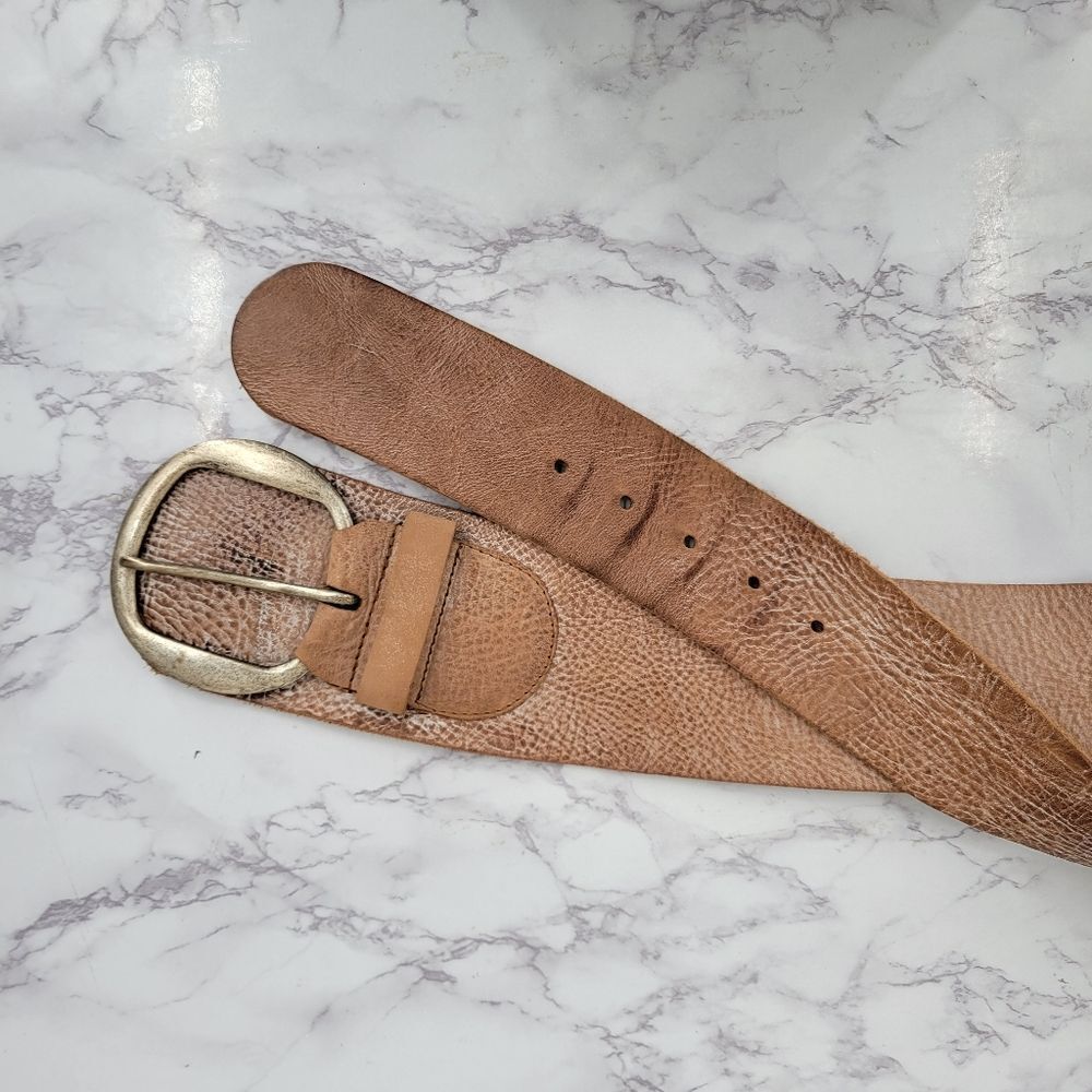 Sam Brown Wide Asymmetrical Tan Leather Belt Oversized Silver Buckle Boho - Picture 11 of 14